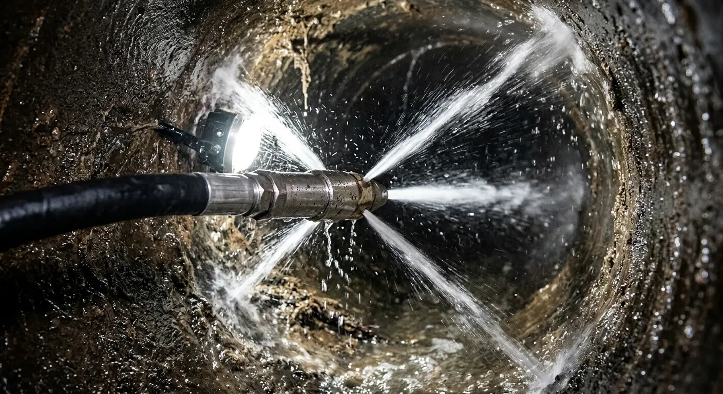 High-pressure hydro jetting nozzle cleaning sewer pipe for Trenchless Sewer Repair in Country Club Hills