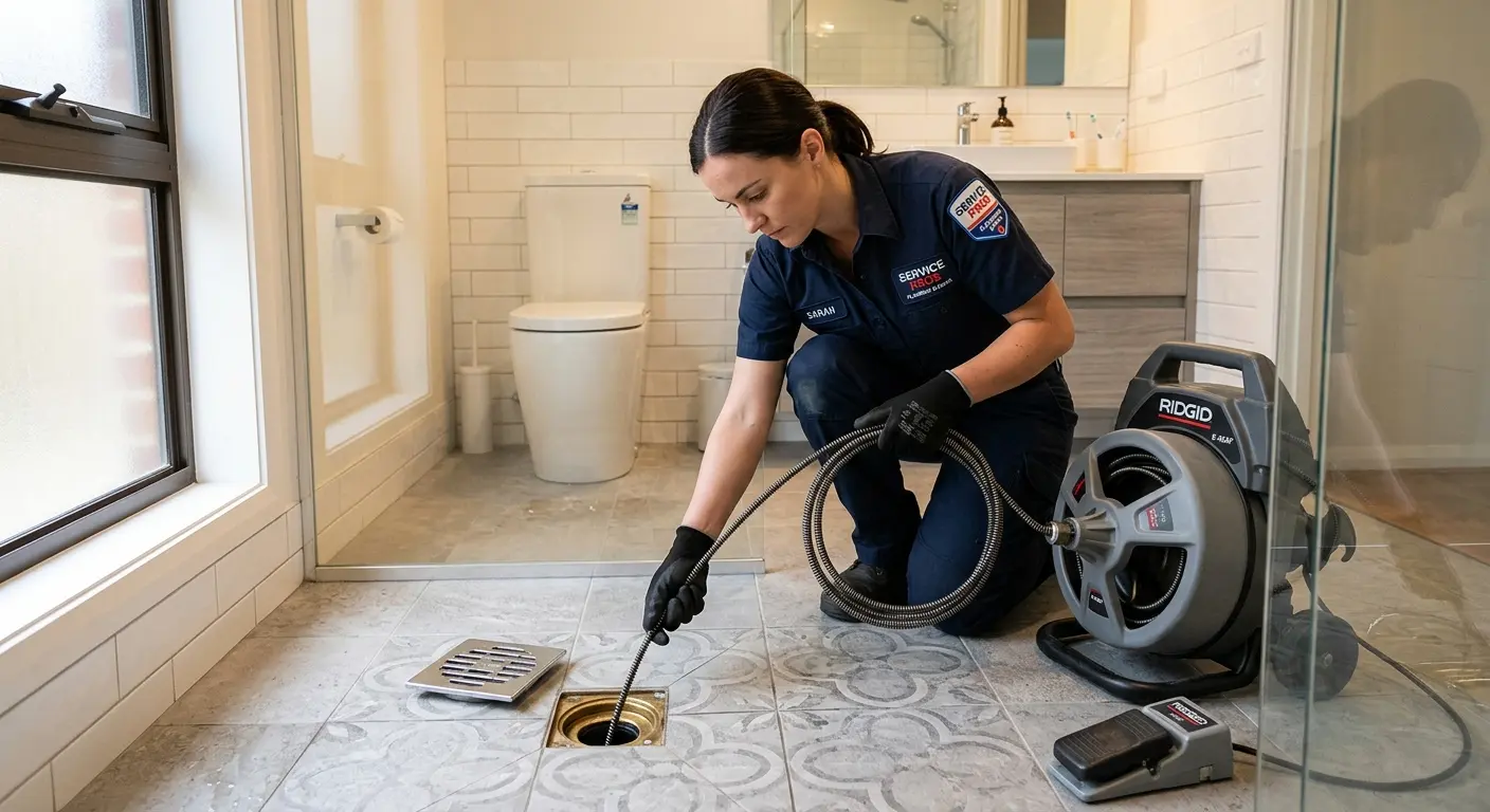 Technician clearing a bathroom floor drain for Clogged Drain Repair in Country Club Hills